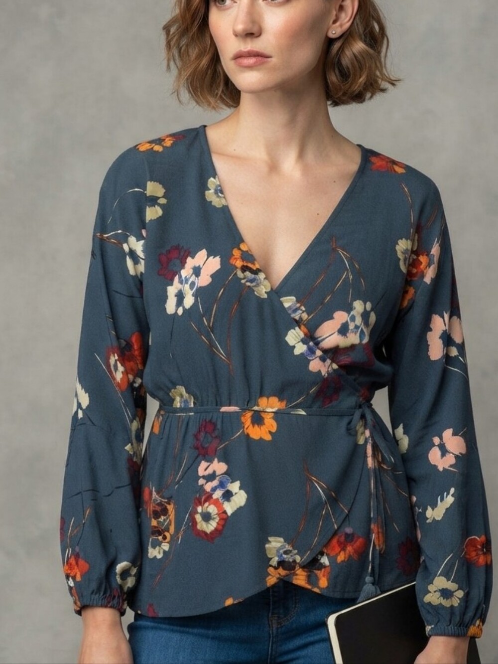 Lovestitch Slate Blue Floral Wrap Blouse Top Tassels Boho M